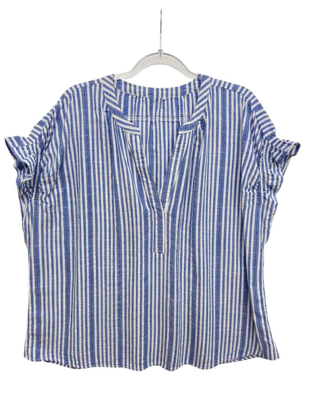 Pure Cotton Chambray Gauze Knit Pinstripe Striped Blouse Top Popover Shirt